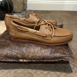NWOT Froats Men's Tan Leather W/Tan Rubber Soles Wellfleets Boat Shoes